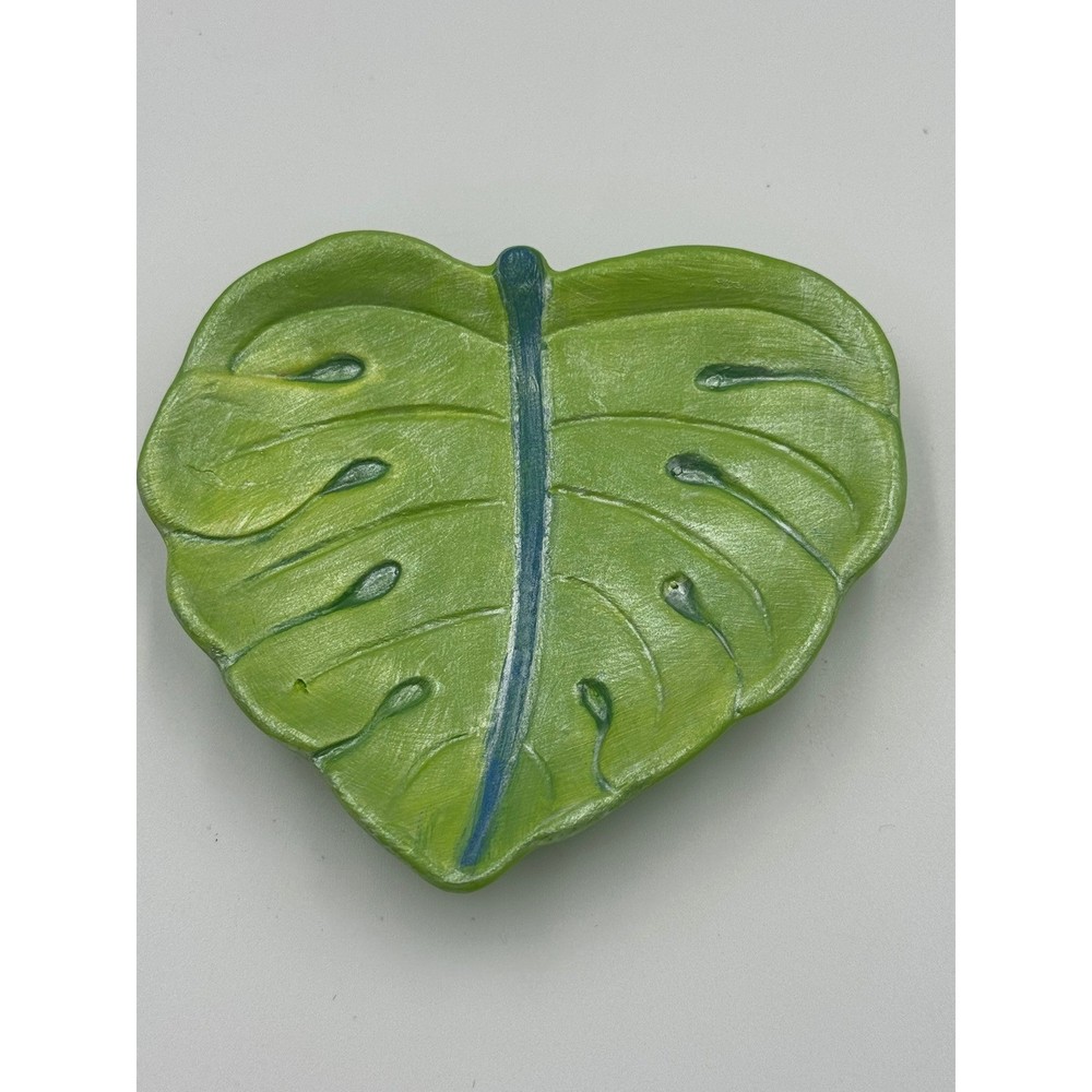 Handmade Ceramic Monstera Leaf Heart Trinket Dish Green Blue Tropical Decor