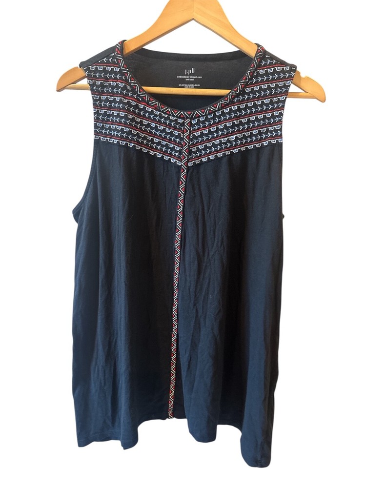 J.Jill Embroidered Dip Hem Knit Tank in Black Red Blue Size L Cotton Blend Summer Top