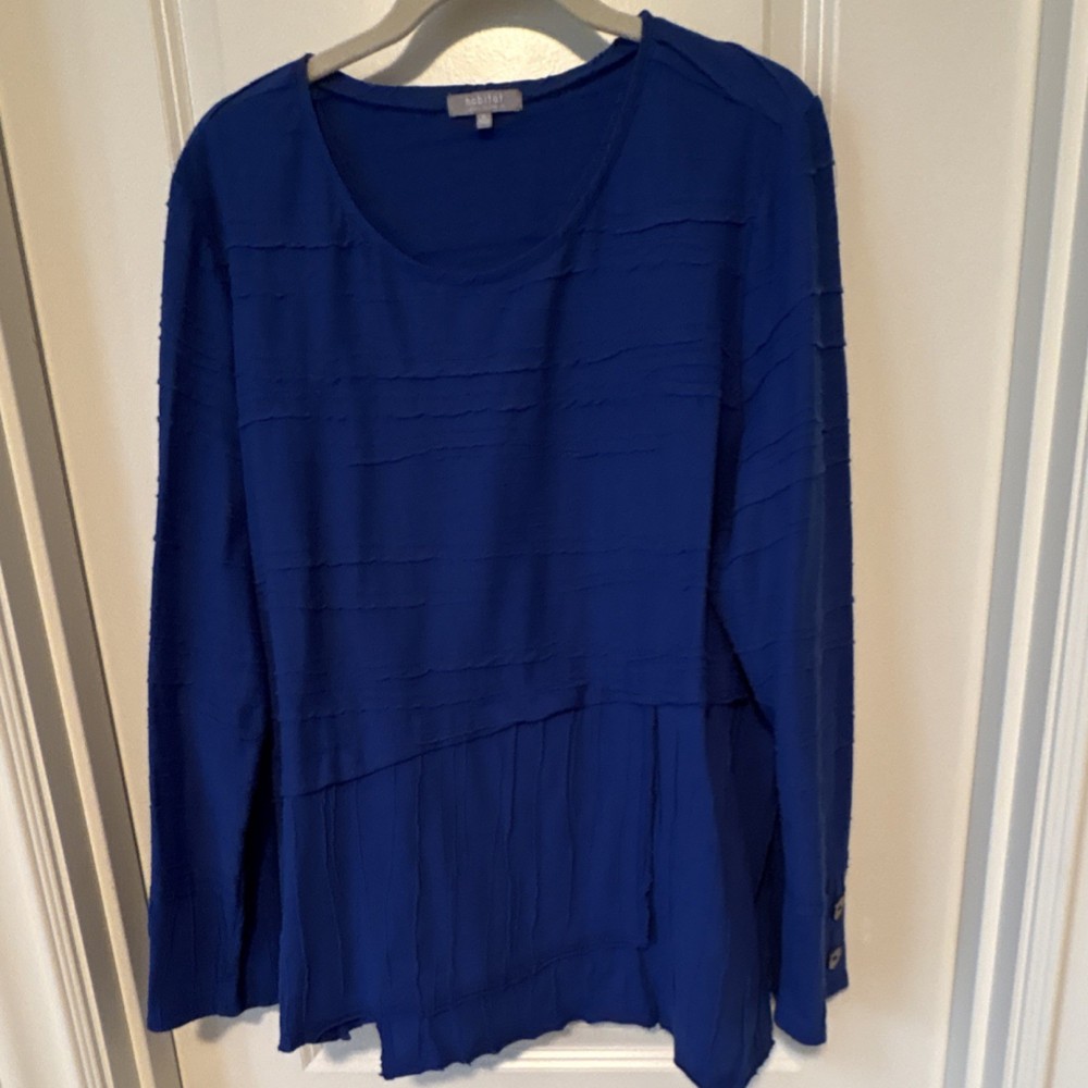 Habitat Blue Solid Tunic Long Sleeve Round Neck Button Accent Cotton Blend XL