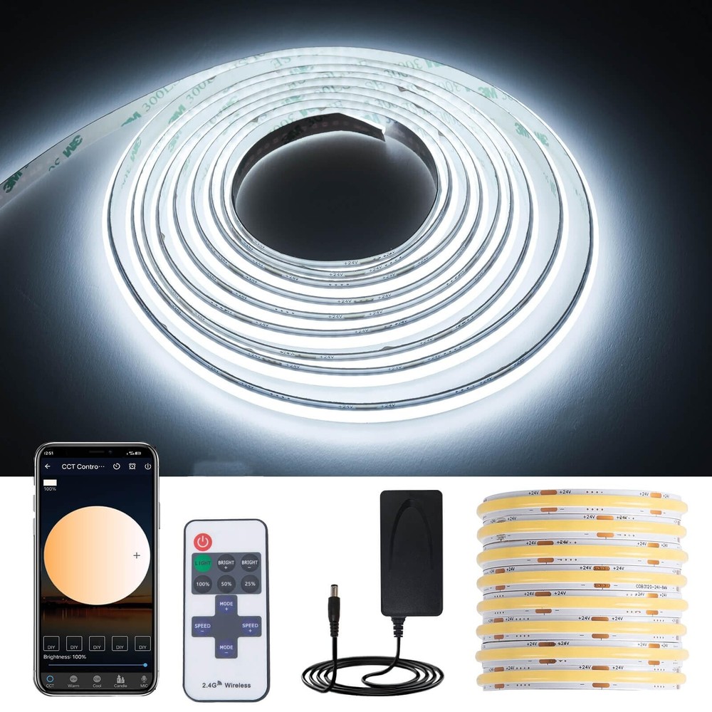 GIDEALED 26.2ft 24V COB LED Strip Lights Dimmable Kit 6000K Cool White Flexible Tape Light