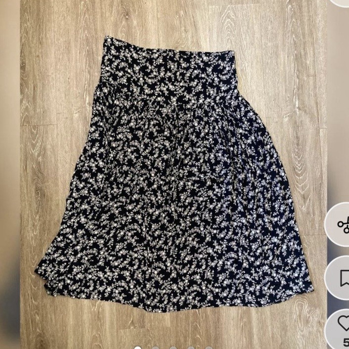 a.b.s Navy White Floral Flare Midi Skirt Women Size M