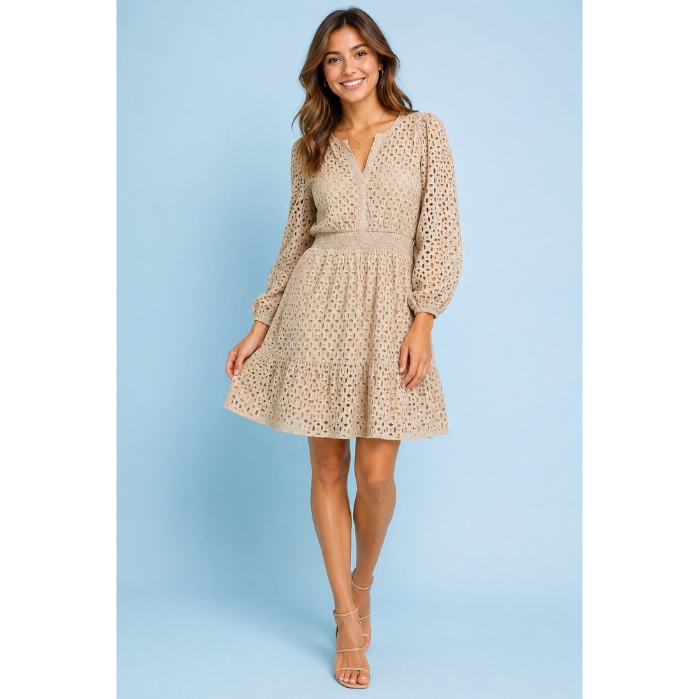 Zesica Beige Eyelet Long Sleeve Mini Dress Smocked Waist Ruffle Hem Size M