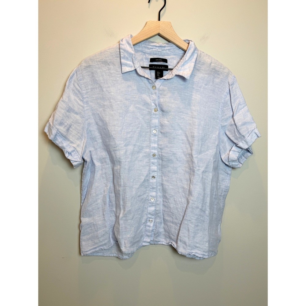 Tahari 100% Linen Short Sleeve Button Down Shirt Top Womens L Lightweight Blue