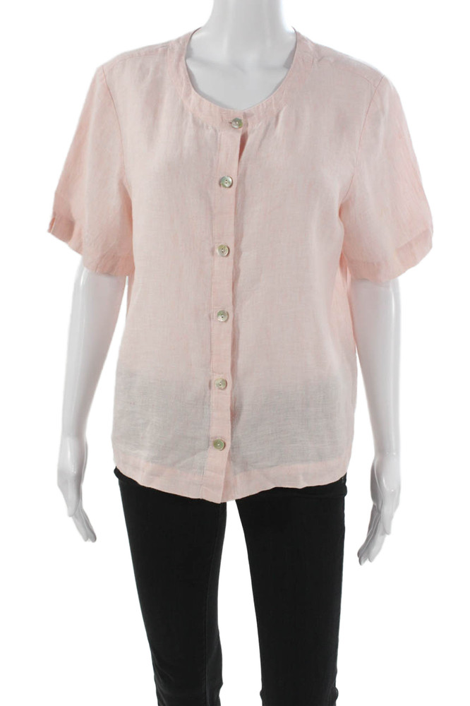 Orvis Women Linen Short Sleeve Round Neck Pink Basic Blouse Button Size MFree Shipping in US $100+ Orders | $6.95 Orders Below