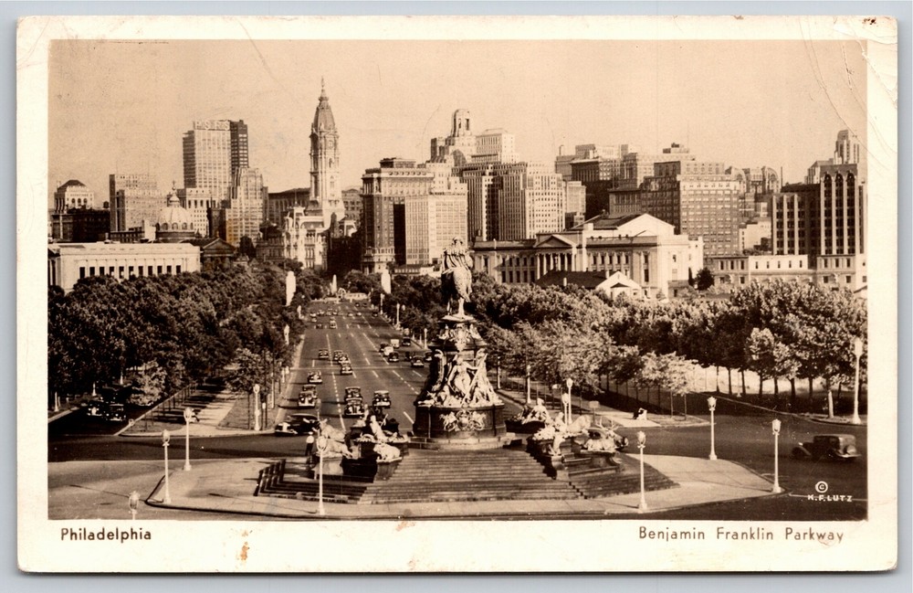 RPPC~Air View Benjamin Franklin Parkway Philadelphia PA~Real Photo Postcard