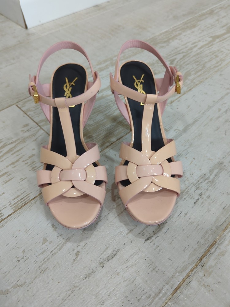 Saint Laurent Beige Patent Leather Tribute Platform Sandals Size 37 EU