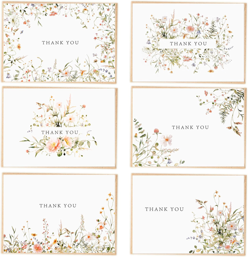 52-Pack Floral Thank You Cards Bulk with Kraft Envelopes & Matching Stickers, 3.