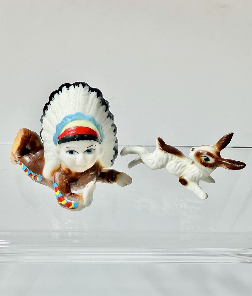 Vintage Bone China Miniature Nursery Rhyme Figurines Indian Chief With Rabbit