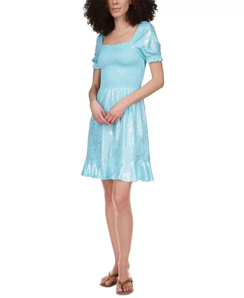 Michael Kors NWT Foil-Print Smocked Peasant Dress Turquoise Blue Size S $125