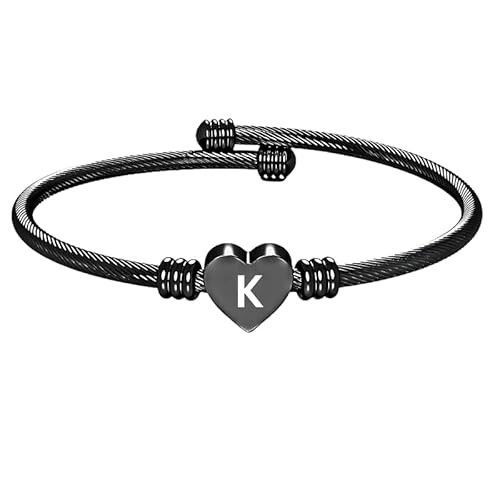 Stainless Steel Heart Word-K Bracelet Engraved Charm Bracelet for Women Black