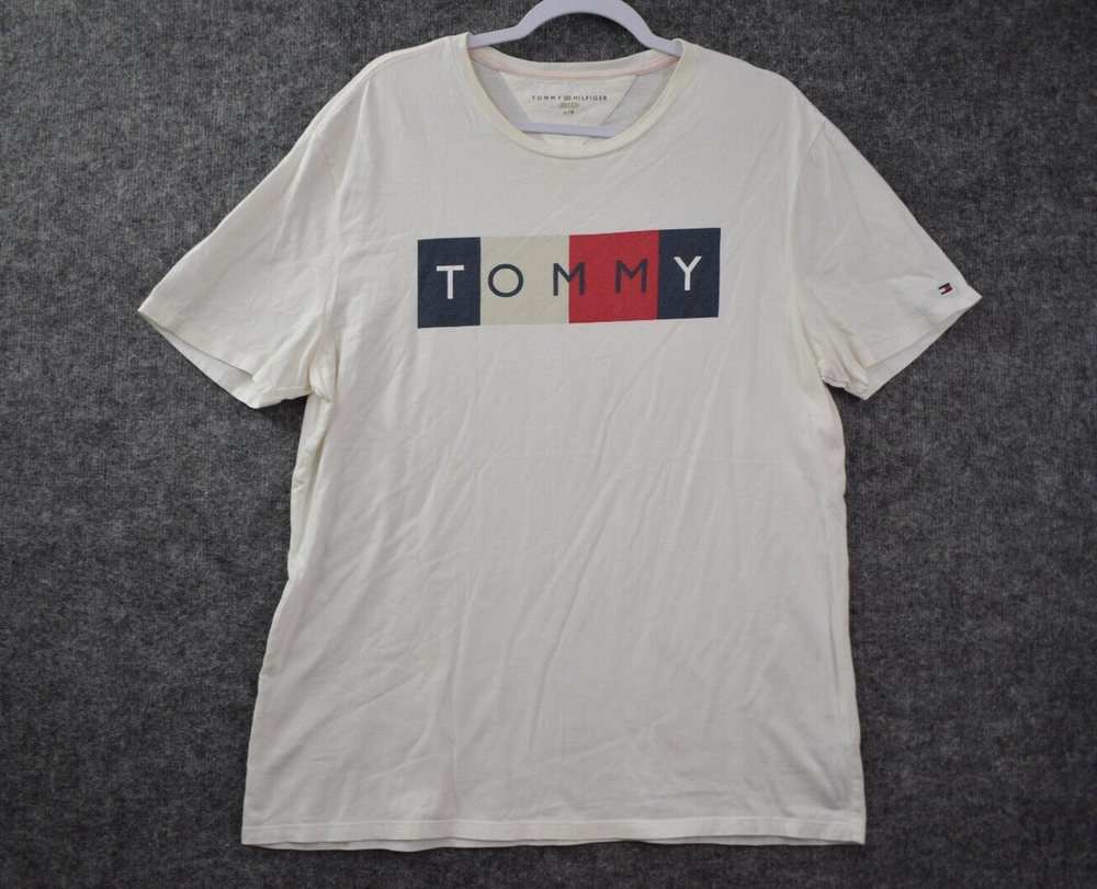 Tommy Hilfiger Shirt Medium White Blue Graphic Printed Logo Cotton Mens