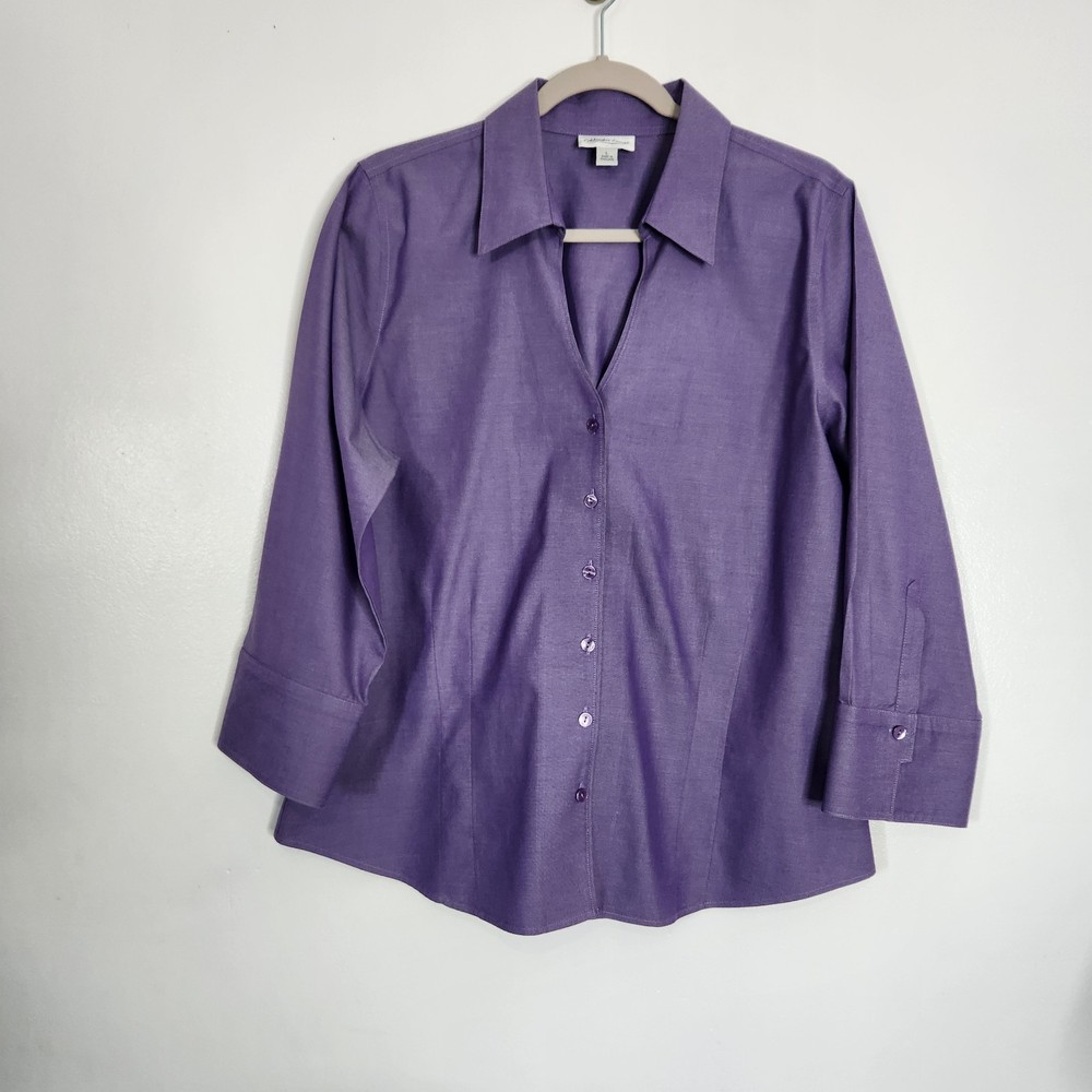 Coldwater Creek 100% Cotton Purple Blouse Large V-Neck Long Sleeve Minimalist