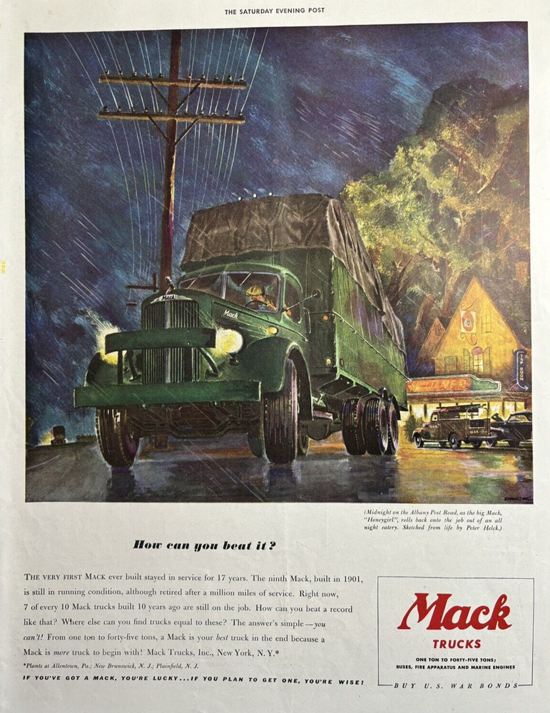 1943 Mack Trucks Midnight Albany Post Road Segunda Guerra Mundial Honeygirl Eatery anuncio impreso de colección