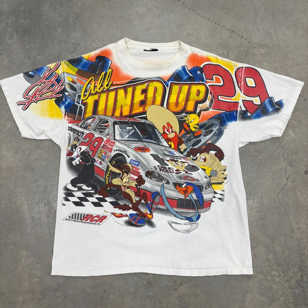 Vintage 90s NASCAR AOP Chase All Tuned Up Looney Tunes Harvick T-Shirt Sz XL
