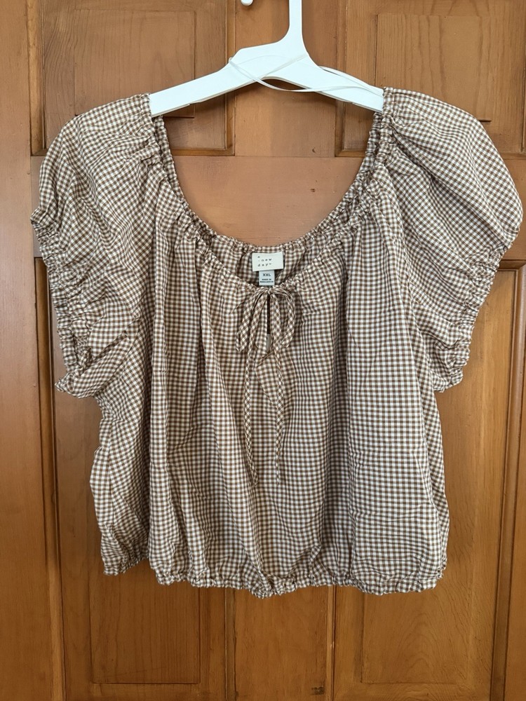 Women's A New Day Brown & White Gingham Blouse Puff Sleeves Size XXL NWT