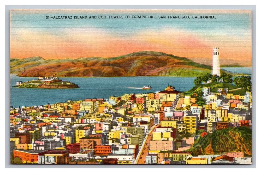 San Francisco CA Alcatraz Island Coit Tower Telegraph Hill Aerial Linen Postcard