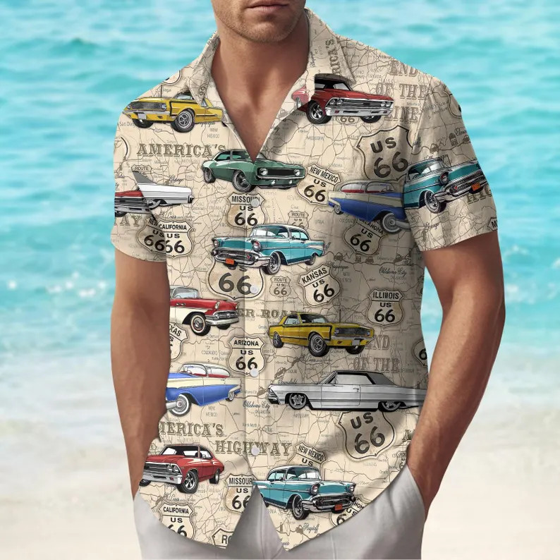 Classic Car Hawaii Shirt Vintage Style Mens Button Up Aloha Beach Vacation
