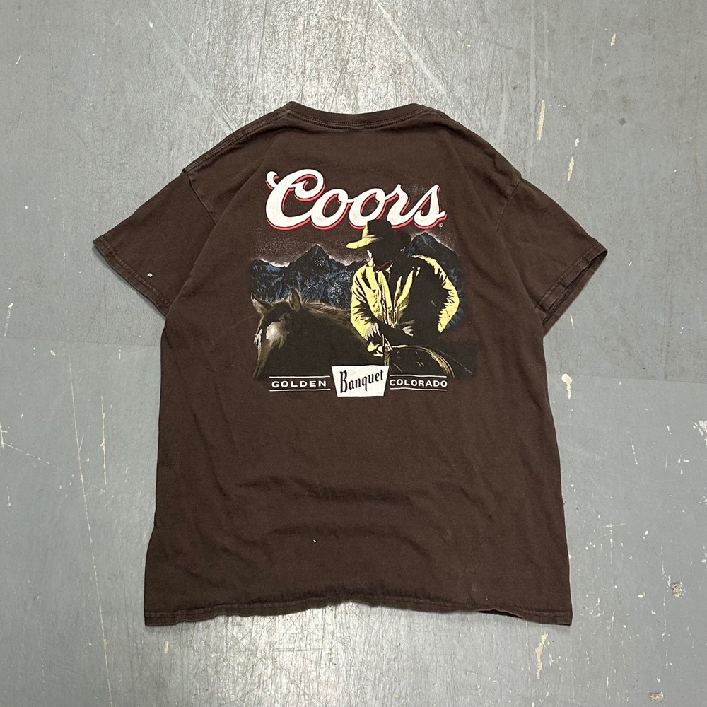 Coors Banquet Beer Cowboy Graphic T-Shirt Mens Large Brown Golden Colorado Tee