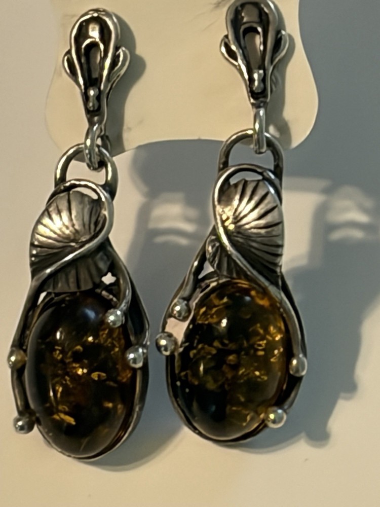 Vintage Oval Baltic  Amber Dangle Sterling Silver 925 KS Pierced Earrings Nice