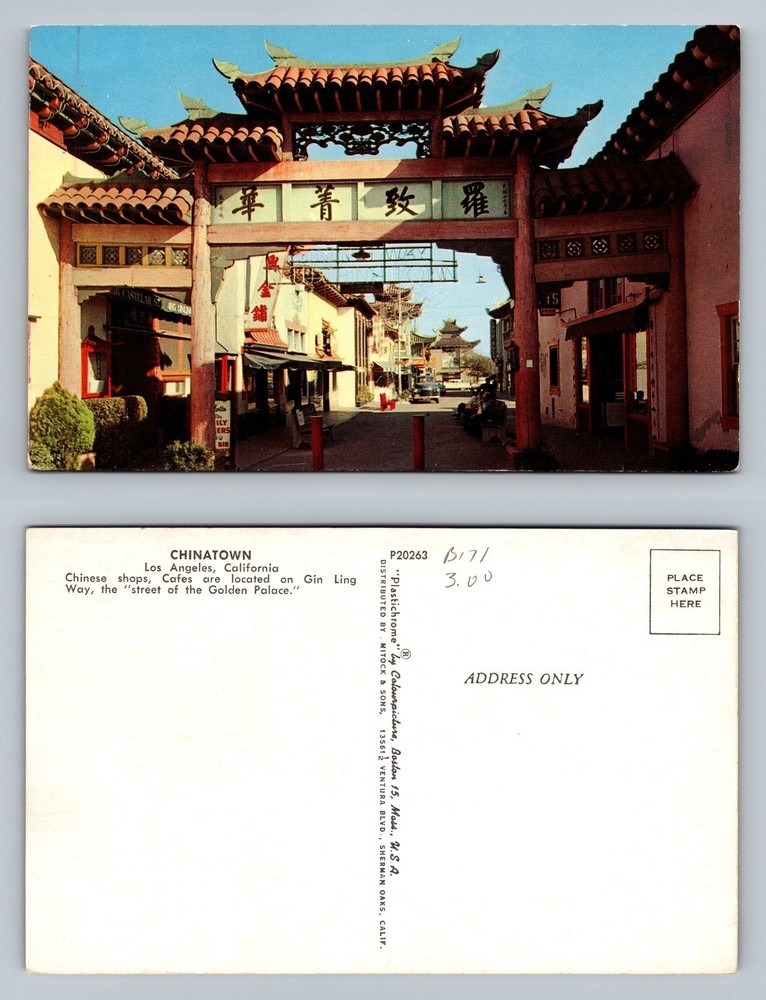 Los Angeles, CA-California, Chinatown Entrance Street View Vintage Postcard