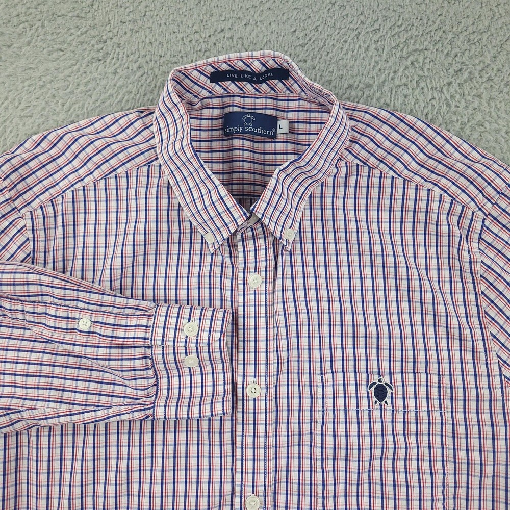 Simply Southern Shirt Mens Large Red Blue Plaid Button Down Long Sleeve Casual