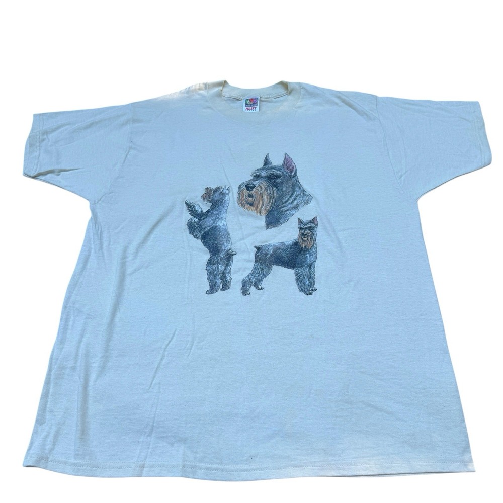 Vintage Fruit Of The Loom Schnauzer Dog Graphic Tee Shirt Beige XL Heavy Cotton