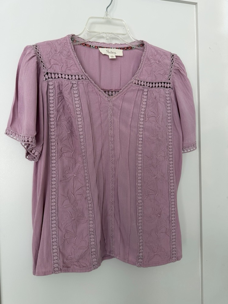Beautiful Nurture Women’s Top Short Sleeve Embroidered Salmon Color M V-neck