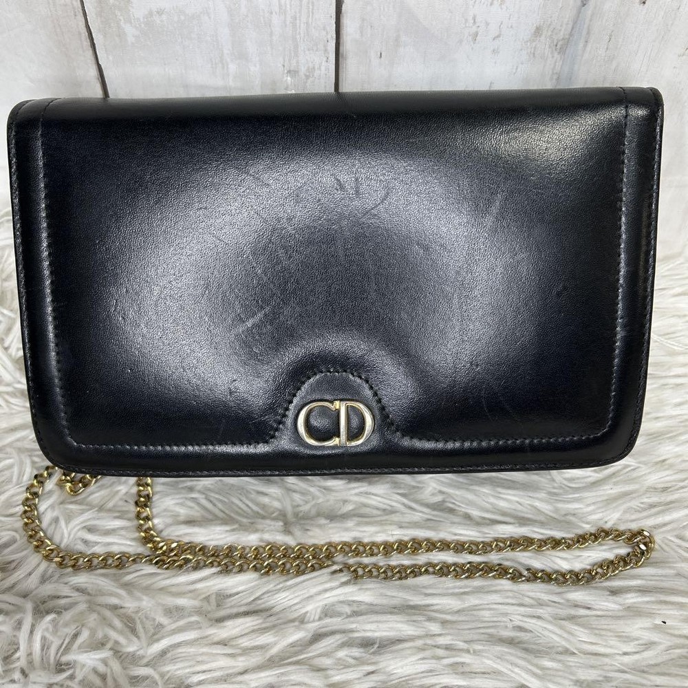 Vintage Christian Dior Leather Shoulder Bag with Chain Strap & CD Logo  