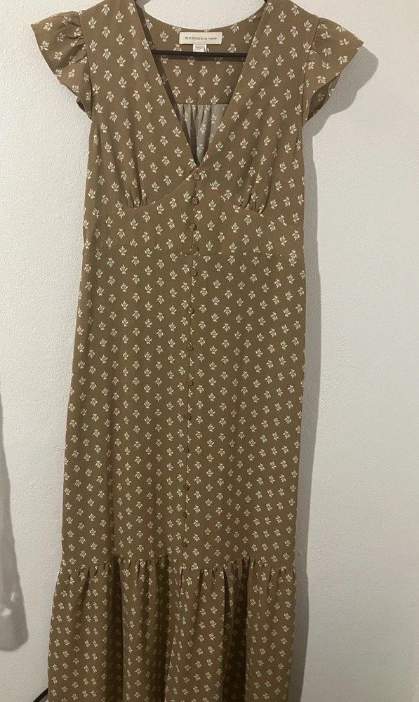 Monteau Los Angeles Women's Floral Print Tan Maxi Dress Size Large Button Front