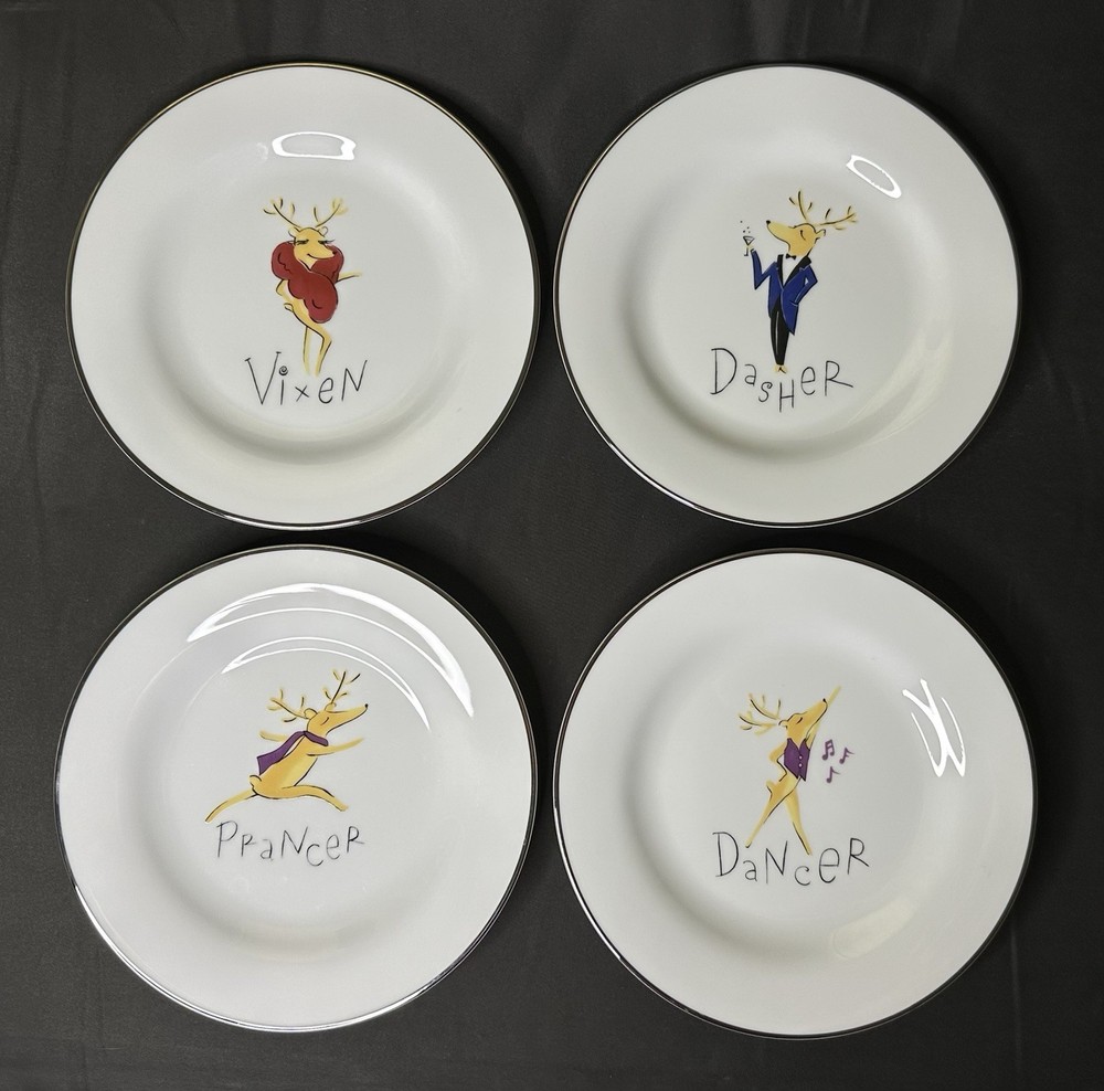 Pottery Barn 4-Piece Reindeer Christmas Salad Plates 8 1/2”