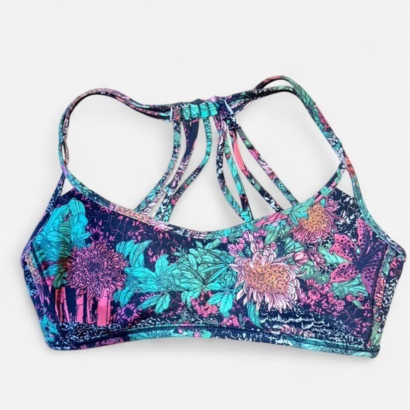 Lululemon Free To Be Wild Sports Bra Size 8 Floral Print Strappy Back Pink Teal