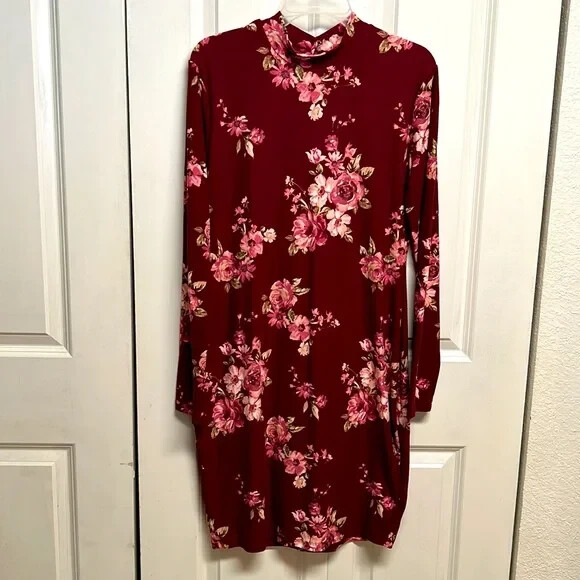 Rue 21 Burgundy Green Pink Floral Print Long Sleeve Body Con Dress Size XL
