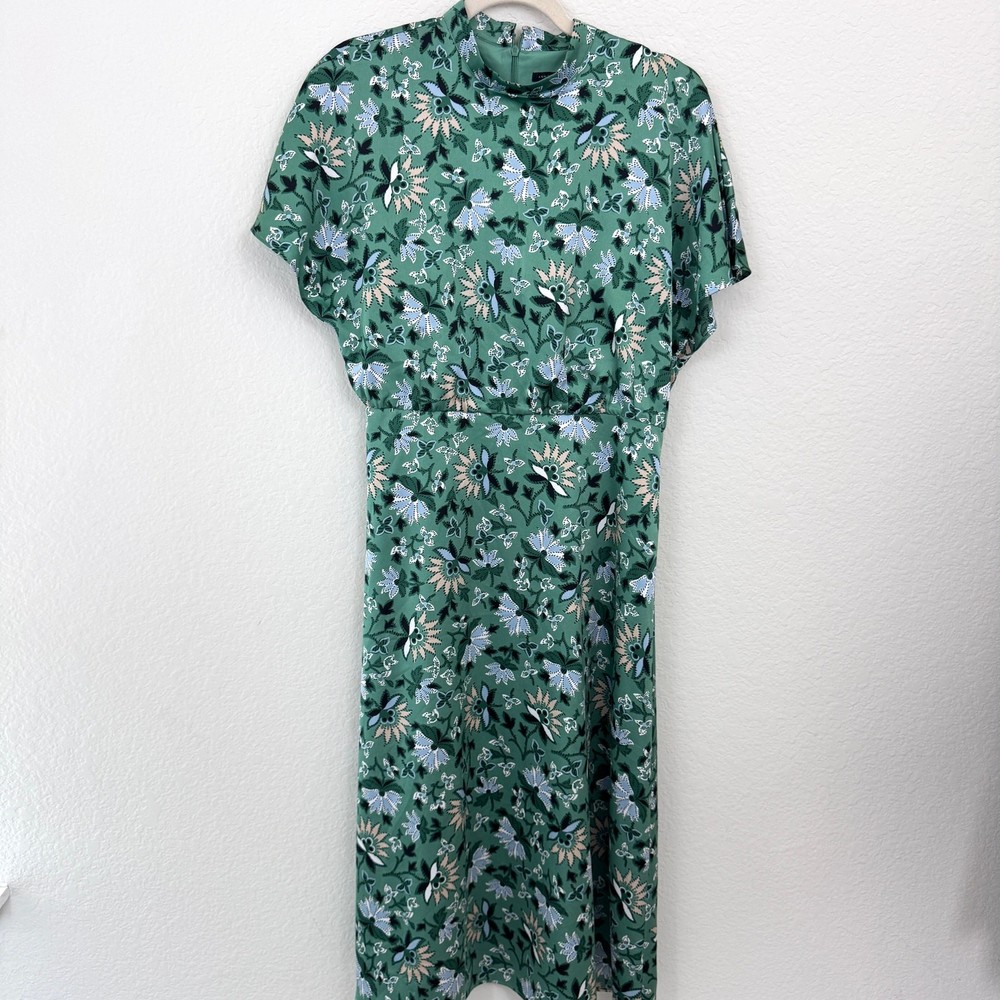 Ann Taylor Womens Floral Midi Dress Size 10 Mock Neck Chiffon Green