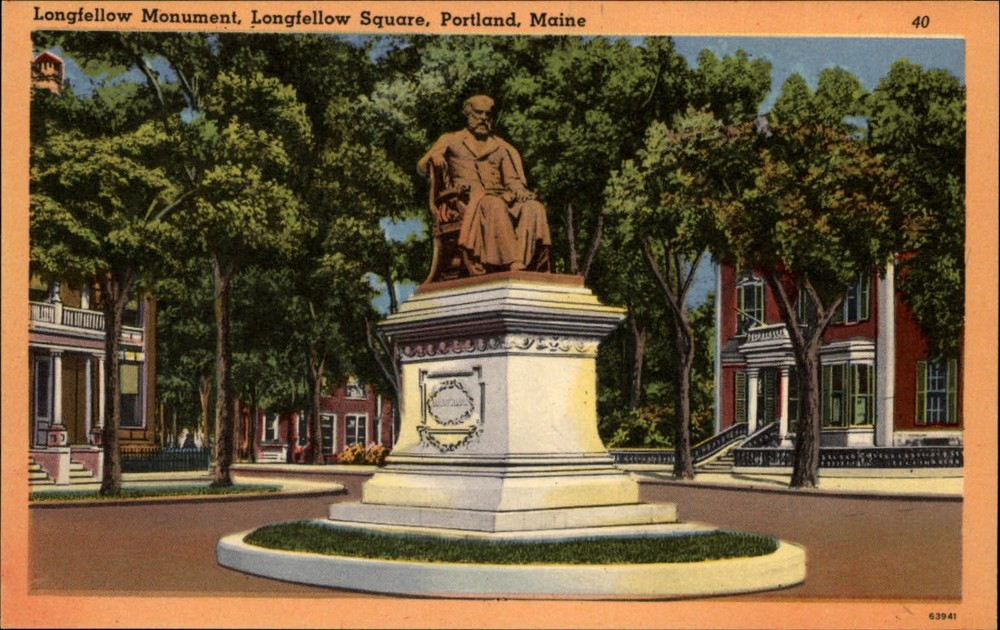 Portland Maine Longfellow Monument Square ~ 1930s linen postcard