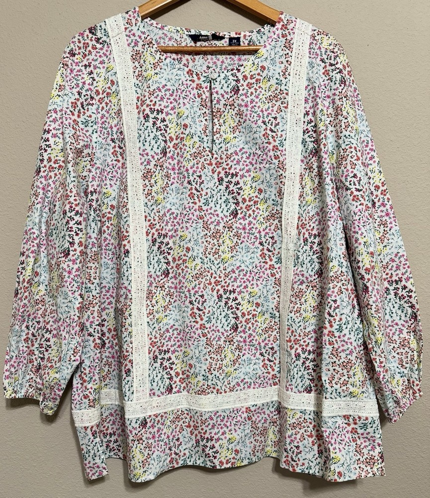 Lands End 100% Cotton Eyelet Lace Tunic Top 3X Floral Spring 24W-26W