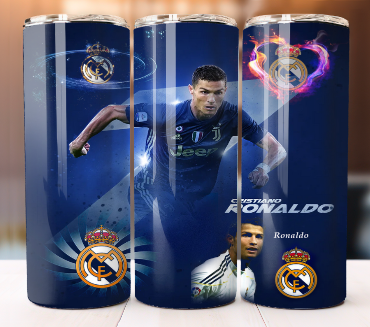 Ronaldo CR7 Cristiano Soccer Tumbler 20oz Skinny Cup Mug Lid w/ Straw