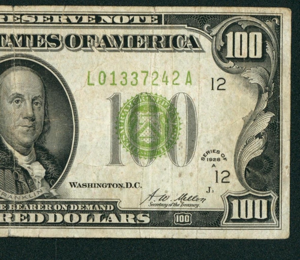 $100 1928 (( Dark Green Seal )) Federal Reserve Note ** Paper Currency