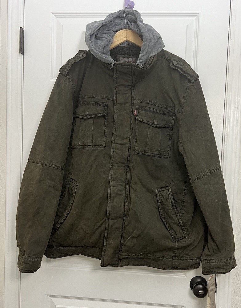Levis Sherpa Lined Trucker Jacket Men XXL Olive Green Full Zip Hoodie READ