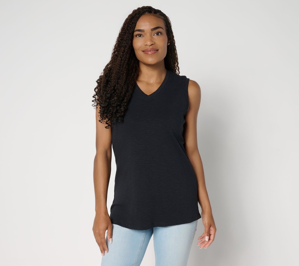 Denim & Co. Women's Top Sz L Essentials Textured Knit Double V-Neck Black