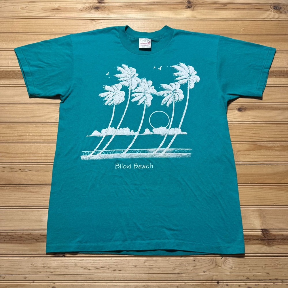 Vintage 90s Biloxi Beach Mississippi Palm Trees Ocean Graphic T-Shirt USA Large