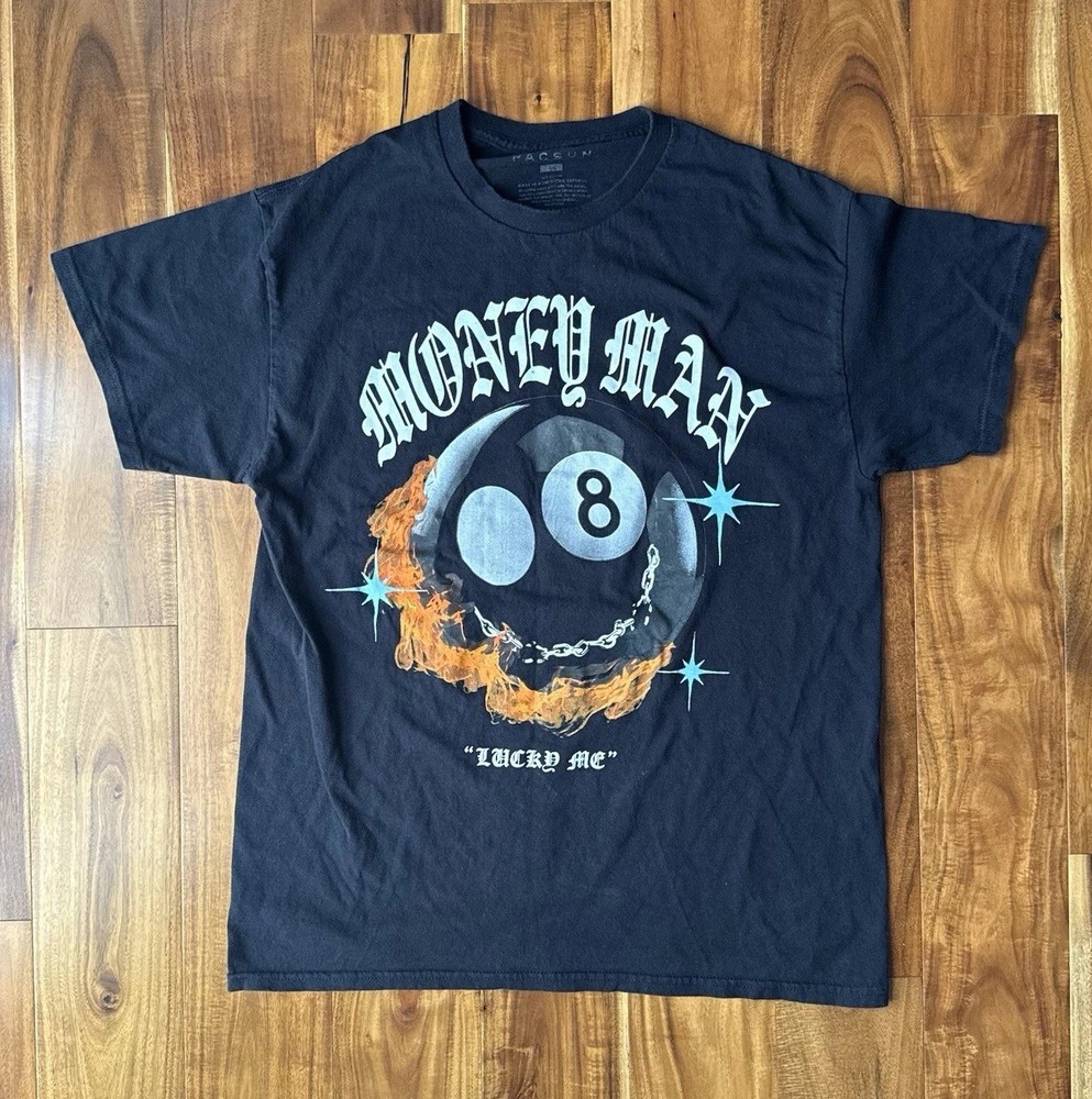 PacSun Money Man Flaming 8 Ball Graphic T-Shirt L Black Gothic Streetwear