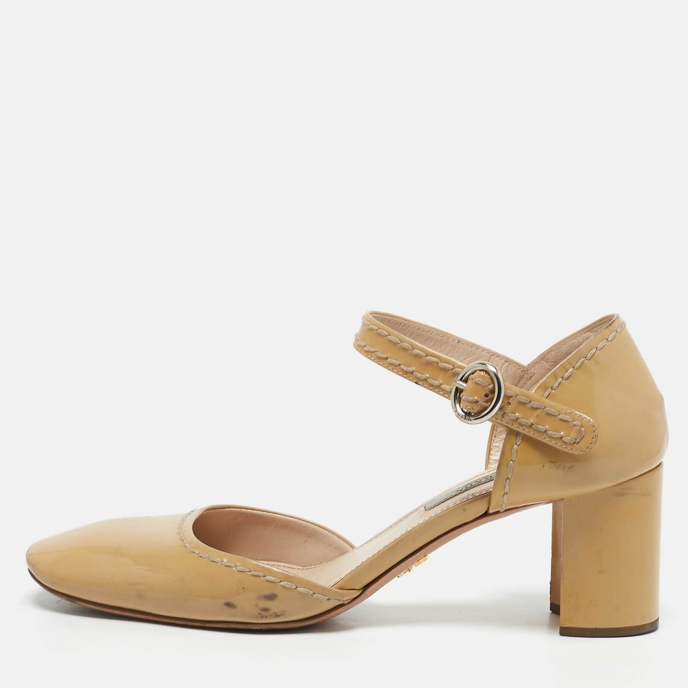 Prada Beige Patent Leather Block Heel Mary Jane Pumps Size 39 EU