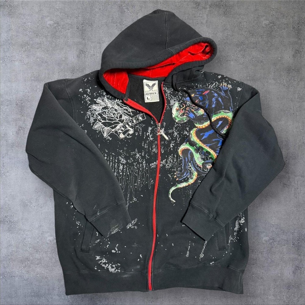 Y2K Avirex baggy black hoodie AOP dragon large