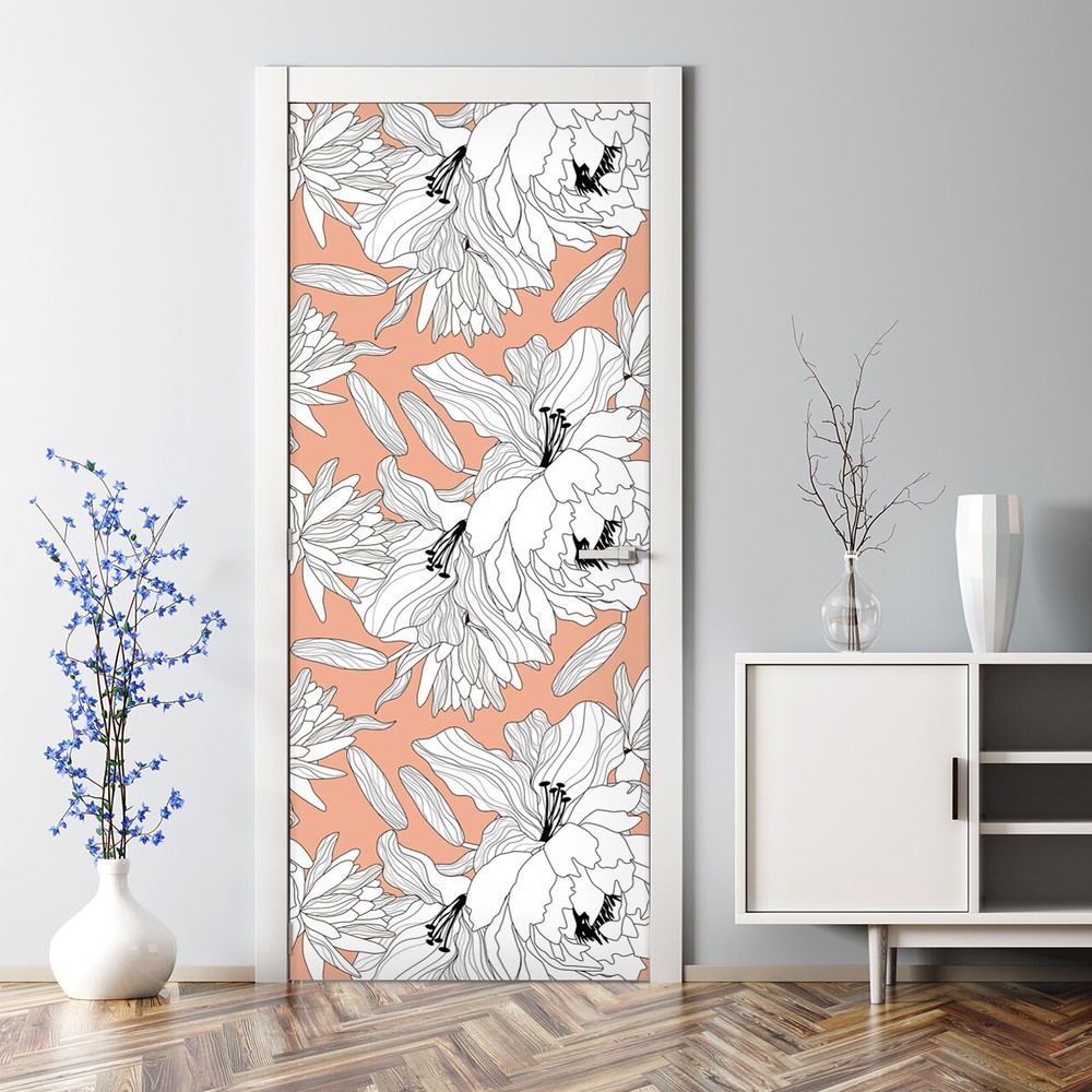 Removable Door sticker Peony Revolution Floral Sketch Flowers self adhesive art