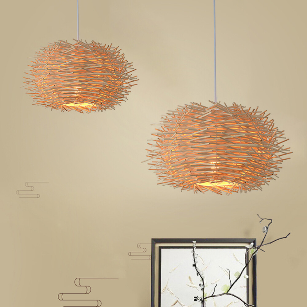 Vintage E27 Rattan Bird Nest Pendant Chandelier 40x23cm 110V Ceiling Lamp