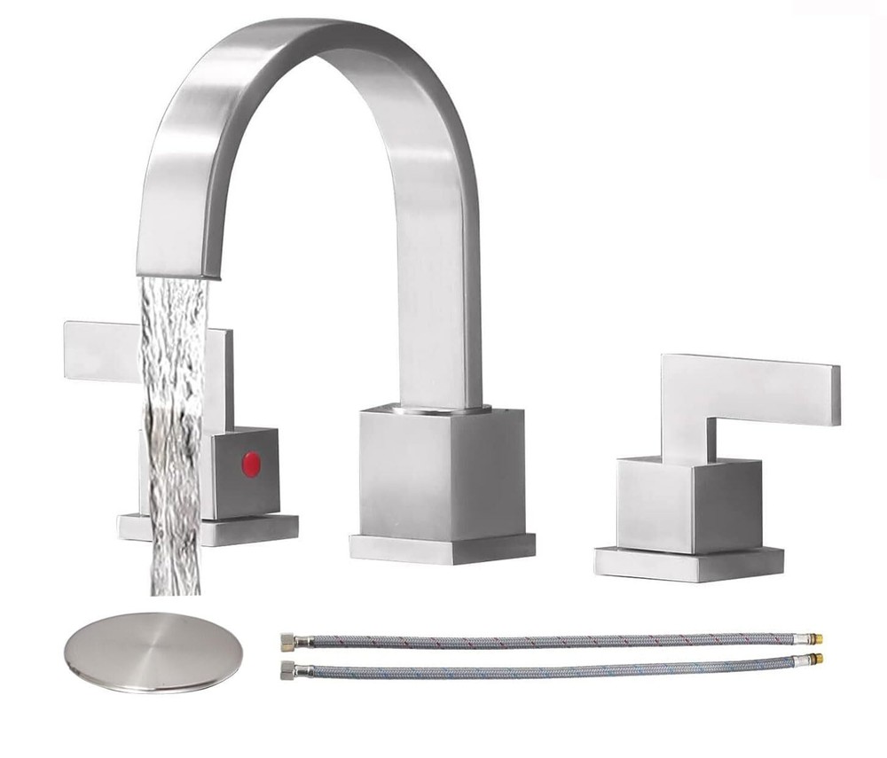 Modern 2 Handle 3 Hole Stainless Steel Brushed Nickel Widespread Bathroom Fau...