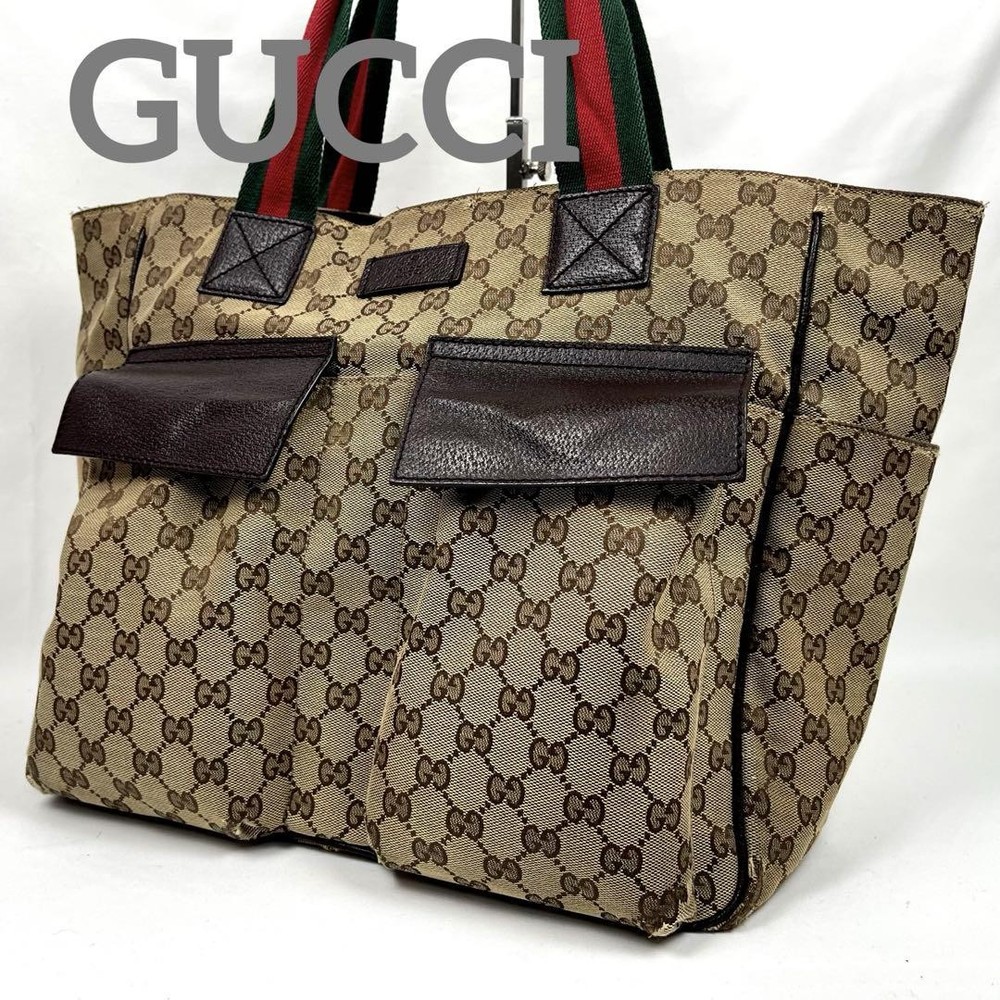 Gucci GG Canvas Tote Bag Sherry Line Large Capacity Leather Auth From Japan RIN