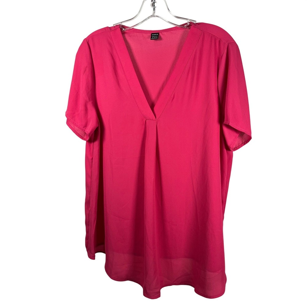 SHEIN Hot Pink V Neck Short Sleeve Tunic Top Blouse Women's Size Medium