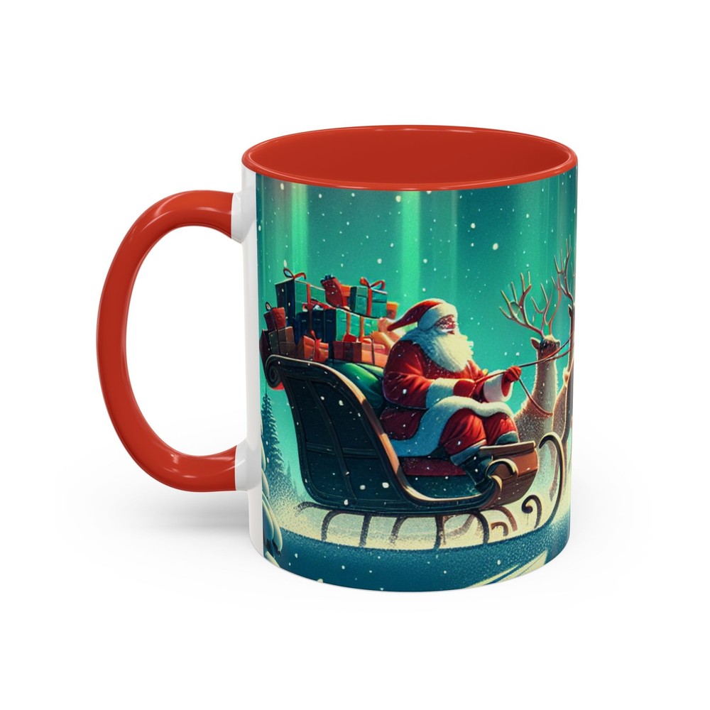 Christmas Santa Sleigh Reindeer Accent Coffee Mug (11, 15oz), Holiday Drinkware,-image