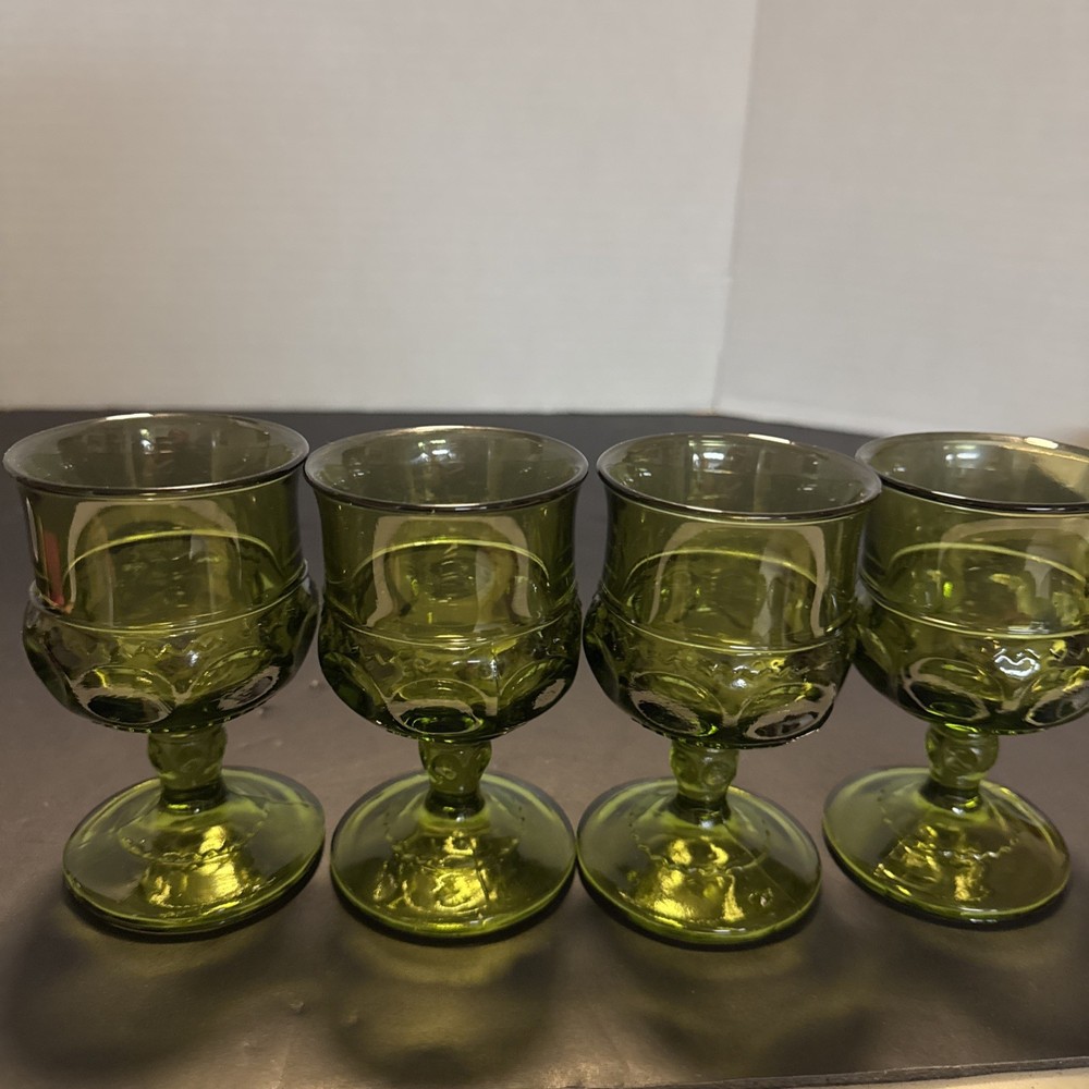 4 Vintage Green Kings Crown Thumbprint Wine Or Juice Goblets Indiana Glass 4oz